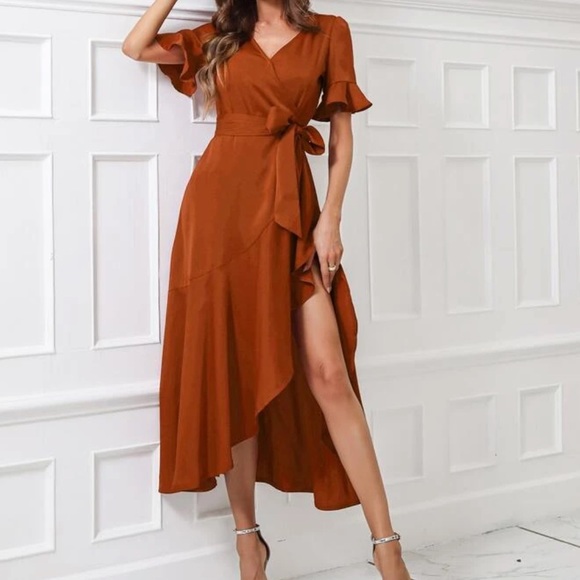 Boho flounce sleeve belted wrap dress - Picture 15 of 16